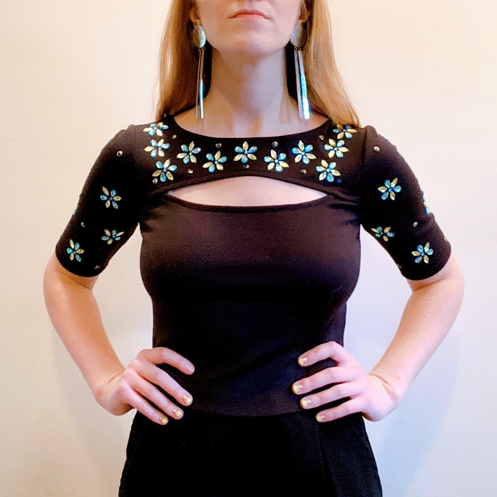 Black embellished peek-a-boo crop top